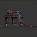 Sharp Blue Sword With Blood On Wooden Table And Bowl Cup