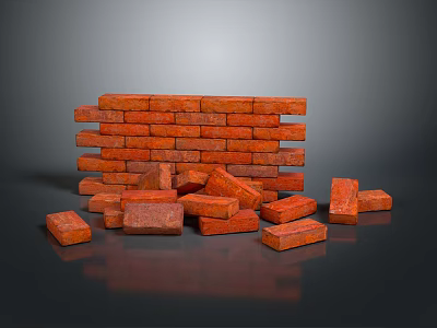 Red Bricks Stacked In Structure And Scattered On Dark Reflective Floor 3d model