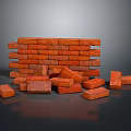 Red Bricks Stacked In Structure And Scattered On Dark Reflective Floor 3d model