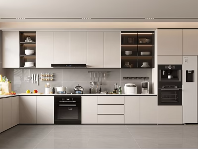 Modern Kitchen Interior With White Cabinets Black Appliances And Countertop Cooking Utensils Fresh Fruits 3d model