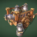 Rustic Wooden Cart Displaying Metal Jugs and Shovel on Green Backdrop