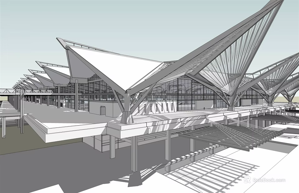 Modern Large Building Design With Triangular Roofs Glass Curtain Walls Spacious Platform And Supporting Structures 3d model 