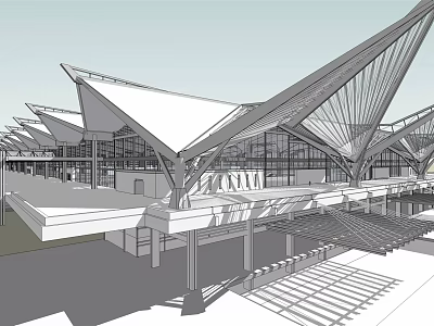 Modern Large Building Design With Triangular Roofs Glass Curtain Walls Spacious Platform And Supporting Structures 3d model
