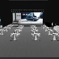 Modern Auto Show Stage With Large Screen Car Display And Audience Tables Under Lighting