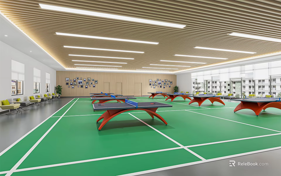 Indoor Table Tennis Fitness Court With Multiple Tables Green Floor White Lines And Ceiling Lights 3d model 