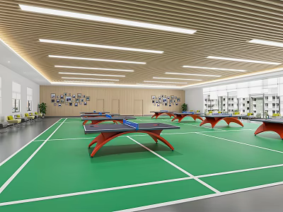 Indoor Table Tennis Fitness Court With Multiple Tables Green Floor White Lines And Ceiling Lights 3d model