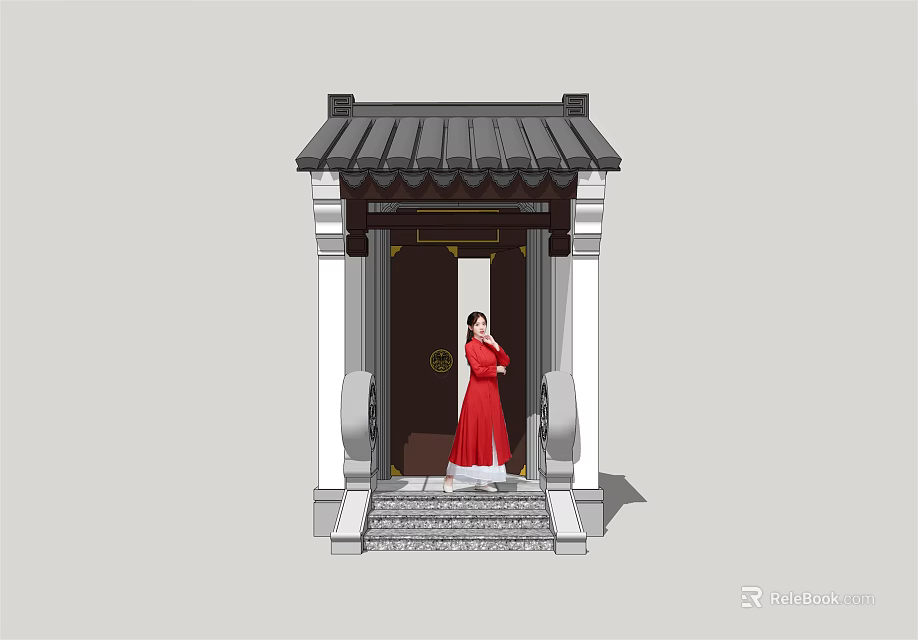Chinese Style Entrance Gate With Traditional Roof Stone Steps Columns And Person In Red Clothing 3d model 