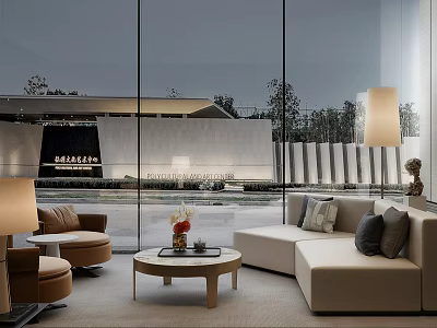 Modern Design Hotel Public Lounge Area With Large Glass Windows Comfortable Sofas Coffee Table And Floor Lamps 3d model
