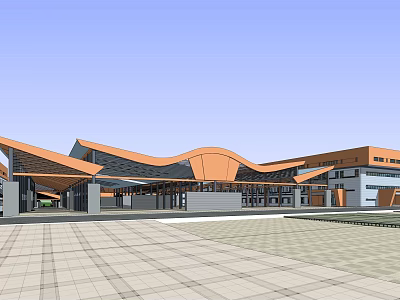 Modern Public Building With Curved Orange Roof And Spacious Plaza Area 3d model