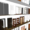 Swing Door Showroom with Dark Green Geometric Wall and Hardware Samples on Wooden Floor