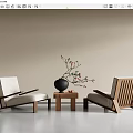 Minotti Modern Leisure Chairs With Wooden Frame Upholstered Seat Side Table And Black Vase