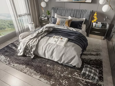 Modern Double Bed with Grey White Bedding Window Nightstand Pillows and Area Rug 3d model