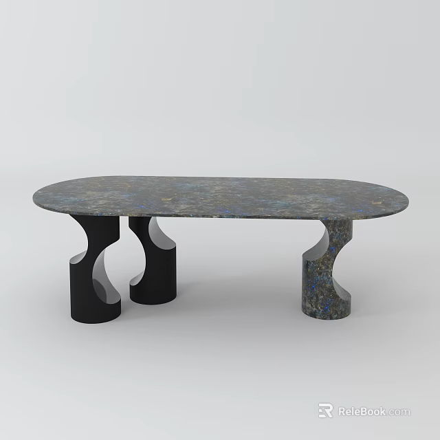 Elegant Oval Dining Table With Marble Top And Unique Black Curved Legs 3d model 