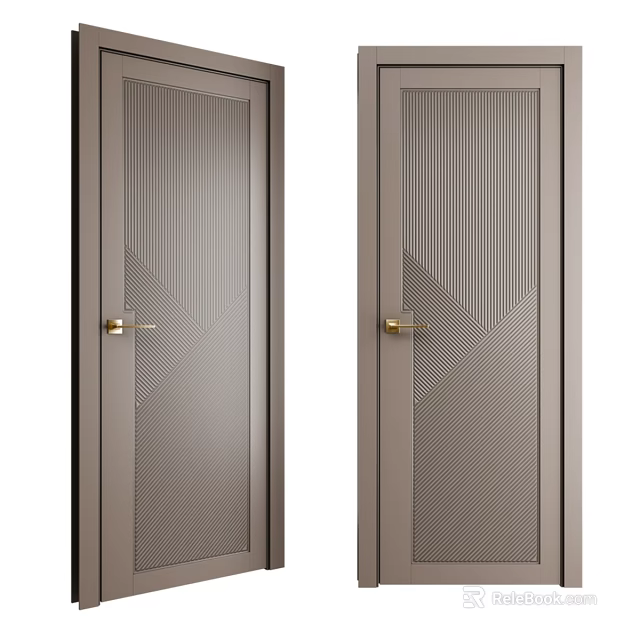 Stylish Hinged Doors With Geometric Pattern Glass And Golden Handles In Neutral Gray 3d model 