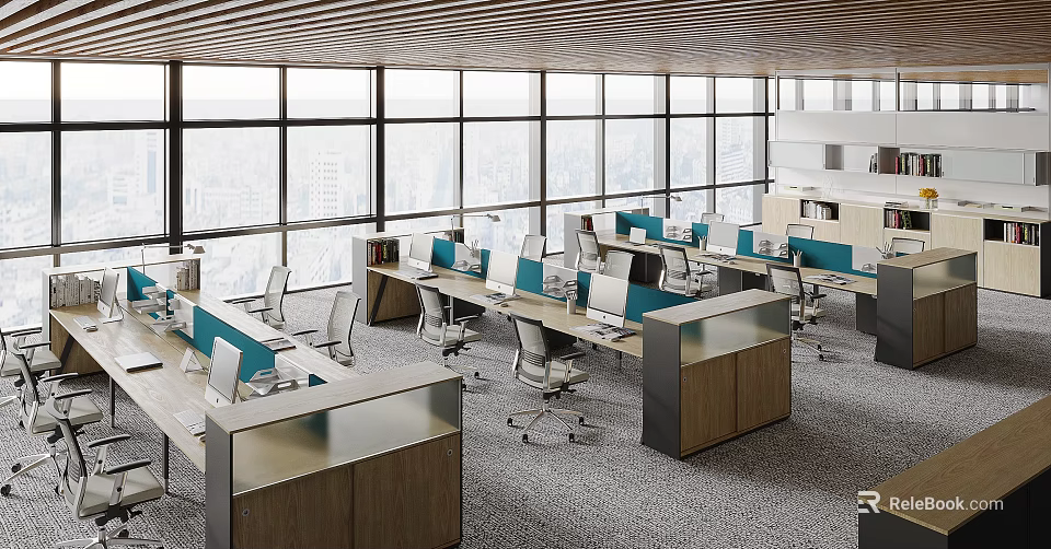 Modern Public Office Space with Desks Computers Office Chairs Large Windows and City View 3d model 