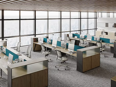 Modern Public Office Space with Desks Computers Office Chairs Large Windows and City View 3d model