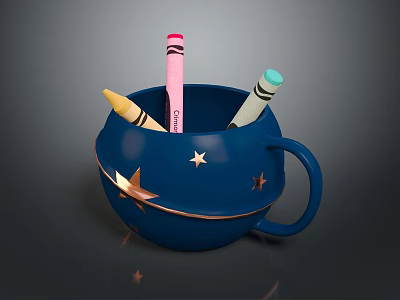 Blue Decorative Cup with Star Patterns and Gold Accents holding Colored Crayons 3d model