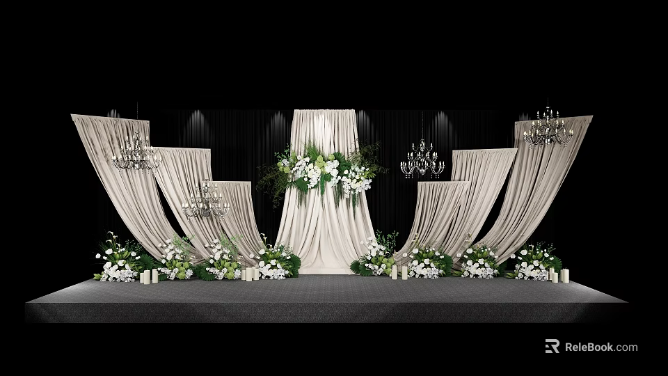 Modern Wedding Banquet Hall With White Curtains Floral Arrangements And Chandeliers On Stage 3d model 