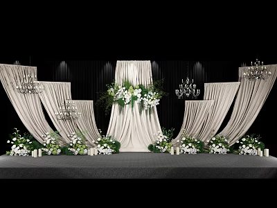 Modern Wedding Banquet Hall With White Curtains Floral Arrangements And Chandeliers On Stage 3d model