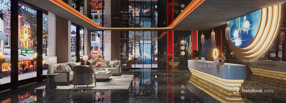 Luxurious Modern Clubhouse Interior With Lounge Area Sofas Chandeliers And Marble Flooring 3d model 