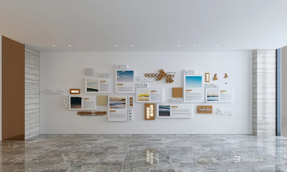 Modern Display Wall Featuring Multiple Boards Pictures Text Wood And Metal Decor 3d model 