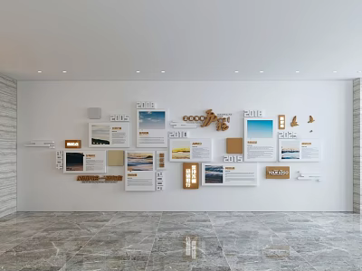 Modern Display Wall Featuring Multiple Boards Pictures Text Wood And Metal Decor 3d model