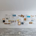 Modern Display Wall Featuring Multiple Boards Pictures Text Wood And Metal Decor