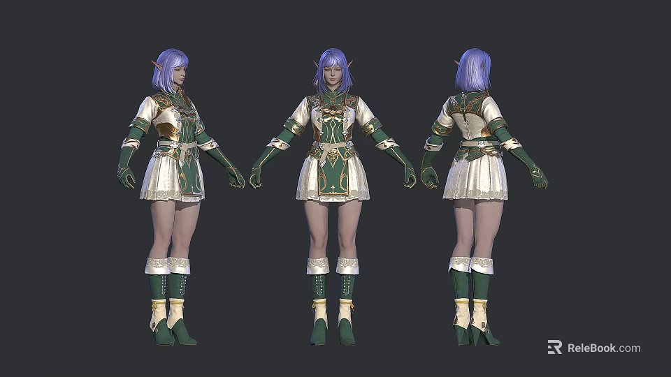 Woman With Purple Hair In Green And White Armor Style Outfit Three Quarter Views 3d model 