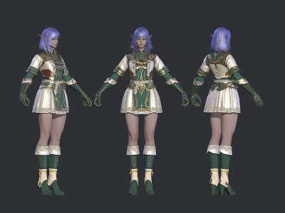 Woman With Purple Hair In Green And White Armor Style Outfit Three Quarter Views 3d model
