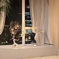 Elegant Golden Branch Decorative Light with Glass Balls by Window and Night City View