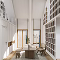 Minimalist Study Room Interior With Open Bookshelves Wooden Desk Laptop And Natural Light
