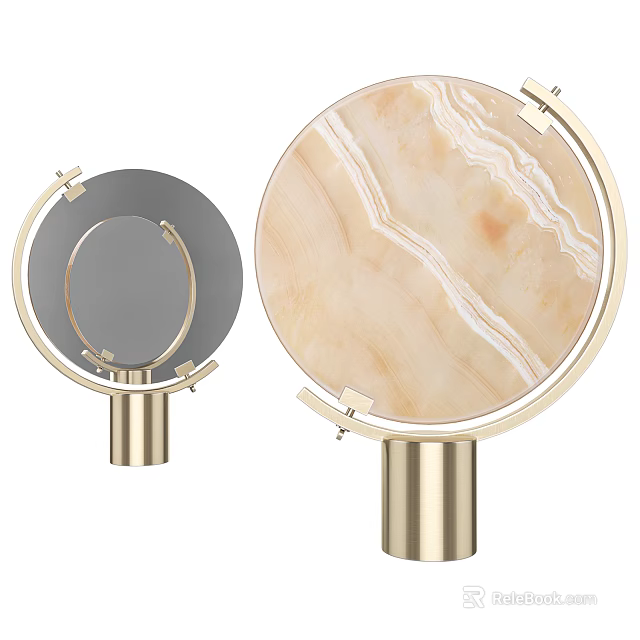 Round Decorative Mirror With Gold Frame Marble Pattern And Metal Base 3d model 