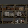 Rustic Wooden Shelf Displaying Clay Pots Woven Baskets Sacks And Wooden Tray