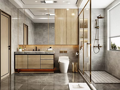 Modern Bathroom Interior Featuring Large Mirror Vanity Toilet Shower Area Wooden Cabinets And Marble Tiles 3d model