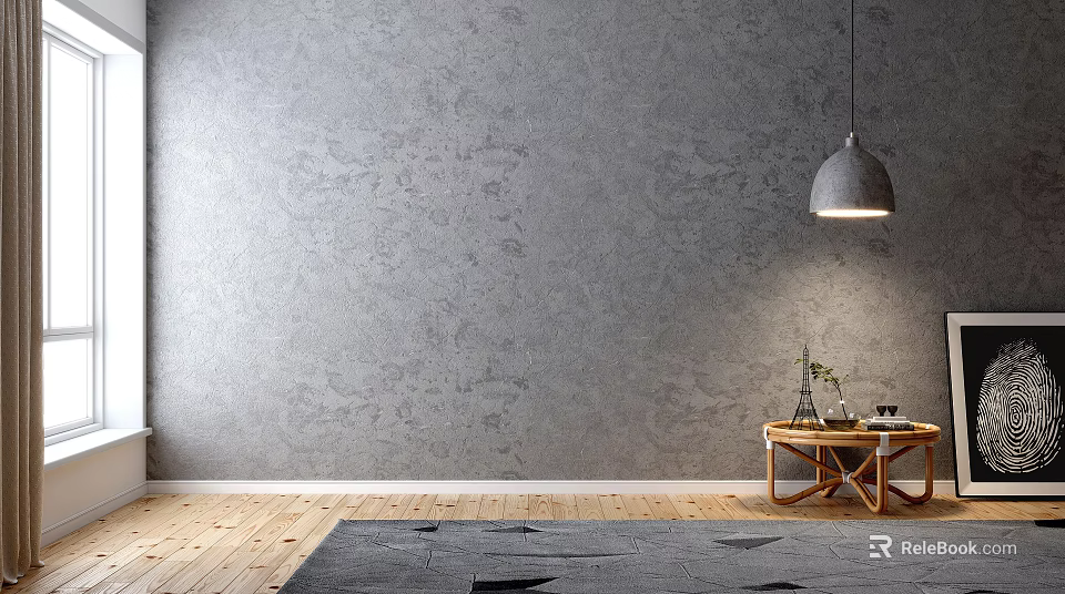 Gray Textured Wall with Wooden Floor Gray Rug Hanging Pendant Light and Small Decorative Table 3d model 
