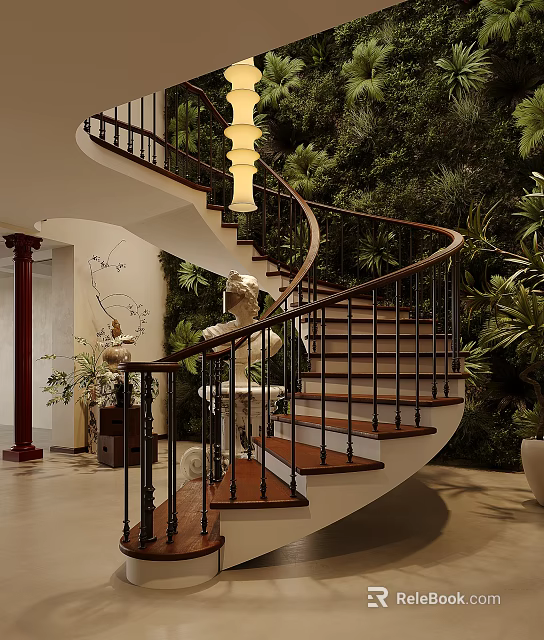Luxurious Spiral Staircase Interior With Green Plant Wall Statues Columns And Hanging Lamp 3d model 