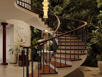 Luxurious Spiral Staircase Interior With Green Plant Wall Statues Columns And Hanging Lamp 3d model