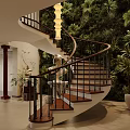 Luxurious Spiral Staircase Interior With Green Plant Wall Statues Columns And Hanging Lamp