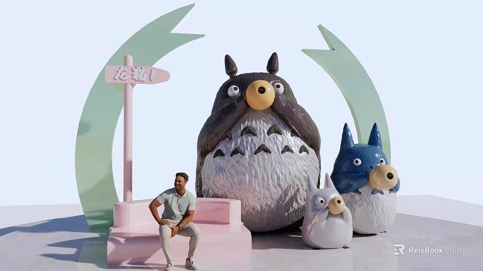 Landscape Sculpture Featuring Cartoon Style Totoro Shaped Figures Various Sizes Pink Steps And Human Figure 3d model 