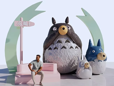 Landscape Sculpture Featuring Cartoon Style Totoro Shaped Figures Various Sizes Pink Steps And Human Figure 3d model