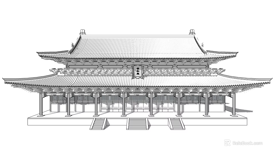Ancient Chinese Architecture Design With Multi-tiered Roof Overhanging Eaves And Stone Steps 3d model 