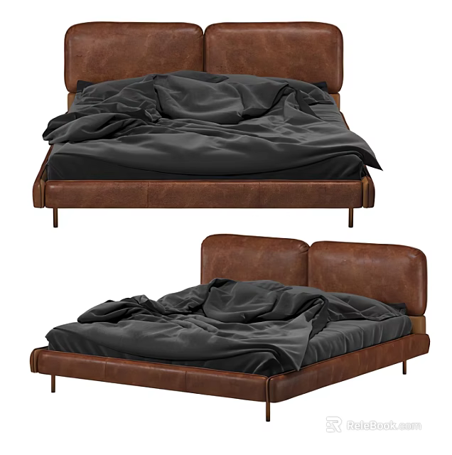 Modern Leather Double Bed With Double Headboard And Dark Wrinkled Bedding 3d model