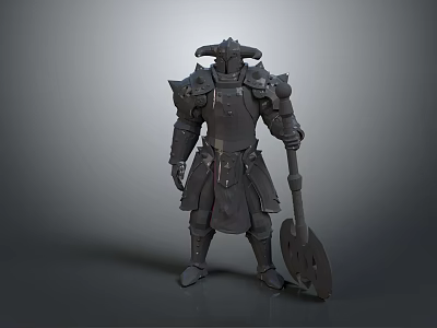 Game Movie Character Armored Warrior With Horned Helmet And Large Battle Weapon 3d model