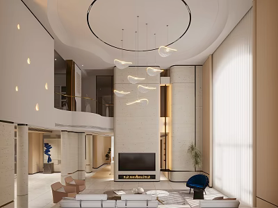 Modern Loft Living Room With High Ceiling And Chandeliers 3d model