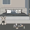 Kids Bedroom Double Bed With Pillows Black White Striped Blanket Stuffed Toys And Lamp