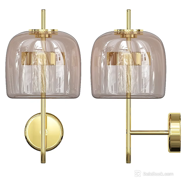 Two Modern Wall Lamps With Gold Metal Frame And Transparent Glass Shades 3d model 