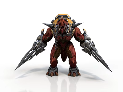 Fierce Mythical Warrior Creature With Red Body Yellow Black Armor And Silver Claw Weapons 3d model