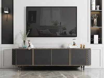 Modern Luxury TV Stand Living Room Interior With Decorative Vase Deer Figurine Books Gold Accents 3d model