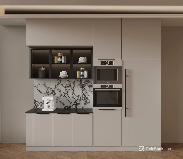 Modern Sideboard With Marble Countertop Storage Shelves And Built In Microwave Oven 3d model 