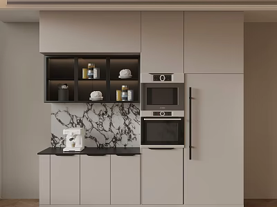 Modern Sideboard With Marble Countertop Storage Shelves And Built In Microwave Oven 3d model